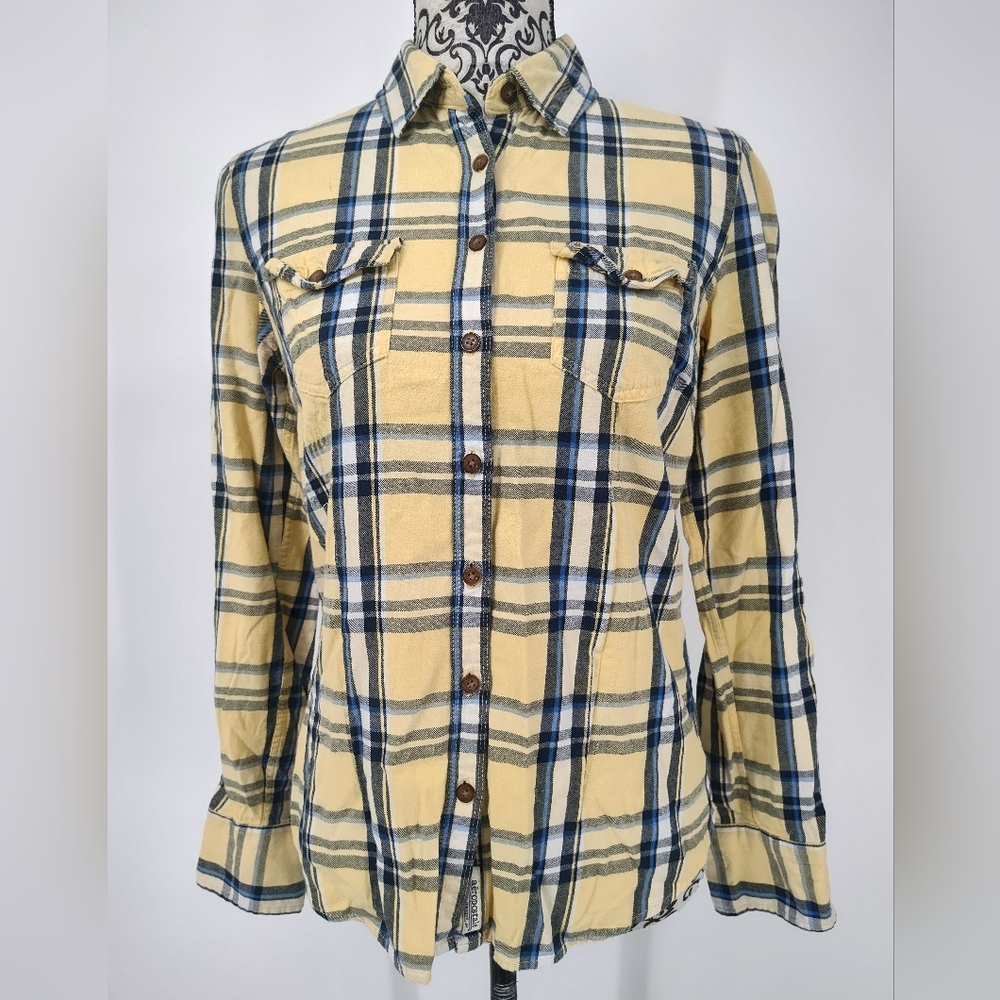 Aeropostale Yellow and Blue Plaid Long Sleeve Button Down Shirt Women's Medium